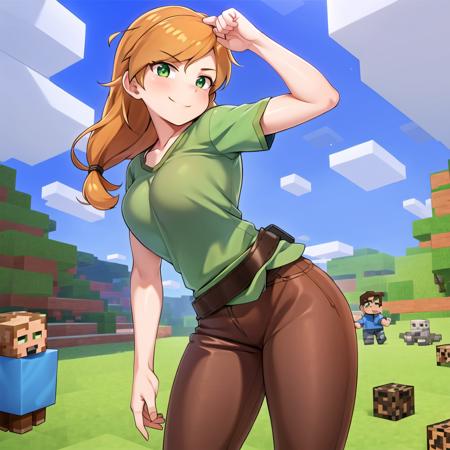 1girl, belt, blue_sky, blush, boots, breasts, brown_hair,  cloud, day, facial_hair, green_eyes, hand_on_hilt, hand_on_hip,green shirt,brown pants,  long_hair, orange_hair,realistic,  ,shirt, sky, smile,alex,minecraft, <lora:alexminecraft:0.8>,shexyo,