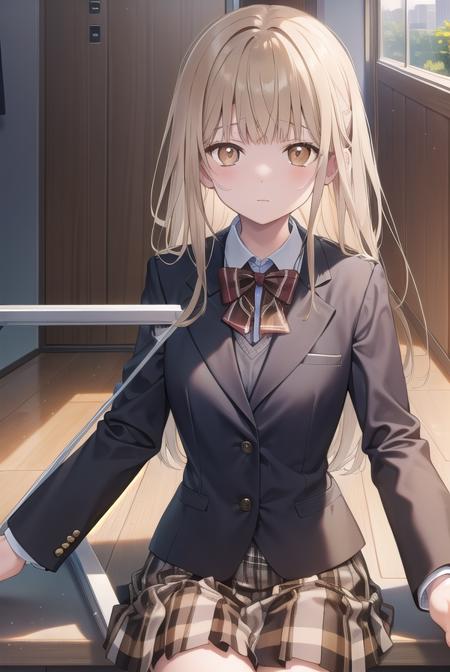 mahirushiina, <lora:mahirushiina-lora-nochekaiser:1>,
mahiru shiina, blonde hair, (brown eyes:1.7), long hair, 
BREAK black footwear, black pantyhose, blazer, bow, bowtie, collar, collared shirt, jacket, pantyhose, plaid, plaid skirt, pleated skirt, red bow, red bowtie, school uniform, shirt, shoes, skirt,
BREAK looking at viewer, full body,
BREAK indoors, classroom,
BREAK <lyco:GoodHands-beta2:1>, (masterpiece:1.2), best quality, high resolution, unity 8k wallpaper, (illustration:0.8), (beautiful detailed eyes:1.6), extremely detailed face, perfect lighting, extremely detailed CG, (perfect hands, perfect anatomy),