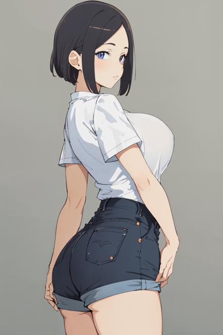 (best quality, masterpiece:1.2), (perfect details:1.1), 1girl, solo, simple background,   <lora:alp-04-5:1.15>, large breasts, wide hips,  high-waist shorts,  <lora:denim_shorts_v0.2:0.8>white shirt + short sleeves, from side, ass,