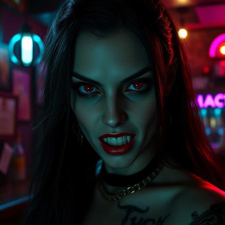 half body shot of a vampiress with european pale face and red eyes, dark hair, prominent and slightly aquiline nose with a straight bridge and a refined tip, bulgarian, with a very evil and demonic look, she must be gothic, dark, mouth slightly open and (showing her vampire fangs:1.1), she has tattoos with strange ancient symbols (maybe runic), inside a cyberpunk style pub at night, cyan light at her left, magenta light at her right, realistic, detailed, 8K