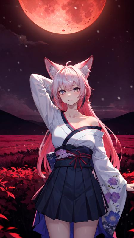 1girl, solo,
fox ears, fox girl, fox tail, large breasts, silvervale, animal ear fluff, [blue|pink] hair, long hair, multicolored hair, virtual youtuber, vshojo,
surreal atmosphere of mystery,  stretching, posing,
floral print, kimono with short skirt, bare shoulders, collarbone, hips, wide shot, epic realistic,
red leaves, (red moon, red sky), night, moon ray, (snowy field), (atmospheric lighting:1.1), moonrays
 <lora:kirby_kl_a8_n_ad:0.5>