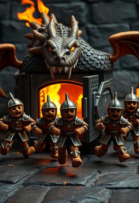 "Image of gingerbread men decorated as knights, screaming in terror as they're chased by a conventional oven transformed into a fire-breathing dragon. The oven is covered in scales, with legs, wings, and a tail, and is in hot pursuit of the knights. Its door is open, revealing sharp teeth and flames that illuminate the dark medieval fantasy setting. The knights are shown running for their lives, their tiny armor and swords no match for the oven's fury. Style: whimsical, humorous, and action-packed, with a focus on capturing the absurdity and danger of the situation." Absurdres Highest-Quality, 4k