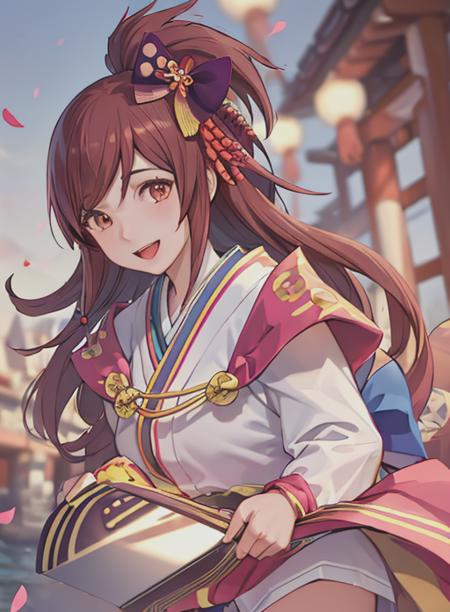 best quality, (masterpiece),(ultra-detailed), (high quality), (high resolution), <lora:oichi:0.7>,oichi, 1girl, solo, long hair, smile, open mouth, brown hair, hair ornament, bow, brown eyes, japanese clothes, kimono, petals,