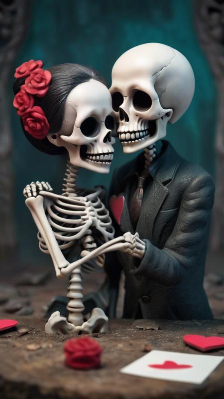 an artists interpretive depiction of a bloody valentine with the text ("TILL DEATH DO US PART":1.5), (a cute macabre adult valentine's day card:1.1), (Kris Kuksi:1.2), (Mark Ryden:1.2), (Gris Grimly:1.2), (Tim Burton:1.3), (Gorjuss:1.2), selective focus, miniature effect, highly detailed, vibrant, perspective control, (two cute happy skeletons blissfully in love:1.1), a man skeleton and a woman skeleton with long hair, a loving skeleton couple in formal wear, valentine, romantic, adorable, pastel colors, soft focus and diffused lighting, intricate background detail, digital painting, ultra-detailed, cinematic, macro, mystical, magical, vibrant photography, shimmering light, dreamy, whimsical, serene, soft-focus, hyper-detailed digital art, complex scenery with fine details, professional, highly detailed, beautiful composition, digital art, accentuated luminosity and intricate details, 8K artistic photography, breathtaking, digital ink painting, hyperdetailed, masterpiece, (japanese tattoo art style, new school tattoo art style:1.2), octane render, high quality, 8k, unreal 5 render, surreal and majestic atmosphere, cute, skulls, skeletons, cartoon, love, hearts, el Día de Muertos, Day of the Dead, BREAK (a cute macabre adult valentine's day card with the text "TILL DEATH DO US PART":1.4), ("TILL DEATH DO US PART":1.4) BREAK (Kris Kuksi:1.2), (Mark Ryden:1.5), (Gris Grimly:1.2), (Tim Burton:1.1), (Gorjuss:1.1),