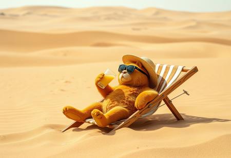 This is a high-resolution photograph, Drone follow shot captures ,Depict a surreal image of a cute Chubby Garfield cat，Ginger cat， lounging on a deck chair among the vast sand dunes of a scorching desert. The bear is wearing a straw hat and sunglasses, sipping a cool lemonade. The sun beats down, but the bear appears entirely at ease in its unlikely setting.