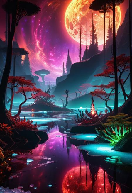 Ultrarealistic. sharp focus, dynamic lighting. play of light, reflection, refraction, Raytracing, Ultra detailed. Alien themed. Alien scenery. alien scenery background. alienworld. An alien fire dragon surrounded by ice.enchanting, cosmic, celestial, ethereal, vibrant flora, magical, luminous, serene, dreamy, radiant, bioluminescent, intricate details, surreal, enchanted forest