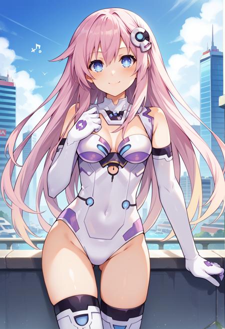 nepgear, d-pad hair ornament, sailor dress, yellow neckherchief, long sleeves, thigh strap, striped thighhighs, purplesis, symbol-shaped pupils, power symbol, hair ornament, white leotard, elbow gloves, white thighhighs, black elbow gloves, black thighhighs, midriff,