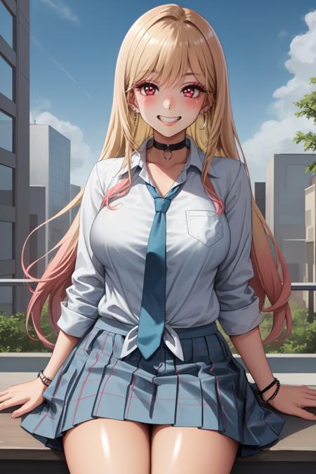 KitagawaSU1, 1girl, solo, long hair, bangs, blonde hair, red eyes, smile, choker, looking at viewer, jewerly, earrings, black choker, piercing, ear piercing, shirt, school uniform, blush, grin, cowboy shot, skirt,( white shirt:1.2), (white clothes:1.2), pleated skirt, blue skirt, necktie, multicolored hair, collared shirt,plaid, plaid skit, big breasts, blue necktie, tied shirt, long sleeves, eyelashes, tetth,    bracelet, hourglass body, (sitting, sitting in, girl sitting,:1.2) 
outdoors, day, sky, clouds, buildings, trees, bushes, <lora:KitagawaMR1-10 (1):0.8>, 
BREAK
masterpiece, best quality, highly detailed background, perfect lightingbest quality, ((shiny skin, glossy skin, detailed skin))