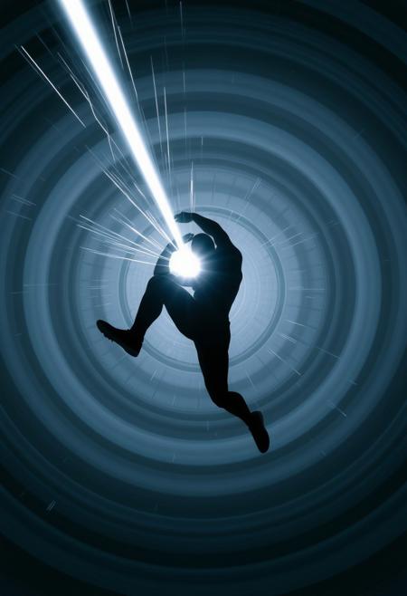 A chrome and silver beam hitting an athletic superhero  100 metres away. The beam is about 1 metre thick and surrounded by multiple concentric grey and white circles of varying diameter. The target is silhouetted and is in an action hero acrobatic pose