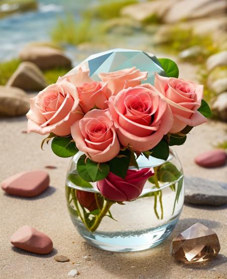 flowers roses, stones transparent and diamond crystal in water