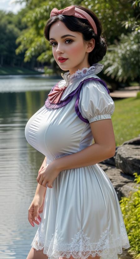 <lora:DisneySnowWhite:0.99> DisneySnowWhite, bow, makeup, puffy short sleeves, hairband, (detailed eyes:0.8), (detailed lips:0.8), blush, textured skin, hourglass figure, (photorealistic:1.2), (warm colors, low contrast, 8k, high quality, shot on Fujifilm X-T4, 85mm f1.2), <lora:epiCRealismHelper:0.99>, <lora:add_detail:0.8>, <lora:breastsizeslideroffset:0.4>, <lora:Sagging Breasts v1:1.5> sagging breasts, gigantic breasts, (elegant dress with high collar:1.2), walking by the lake
