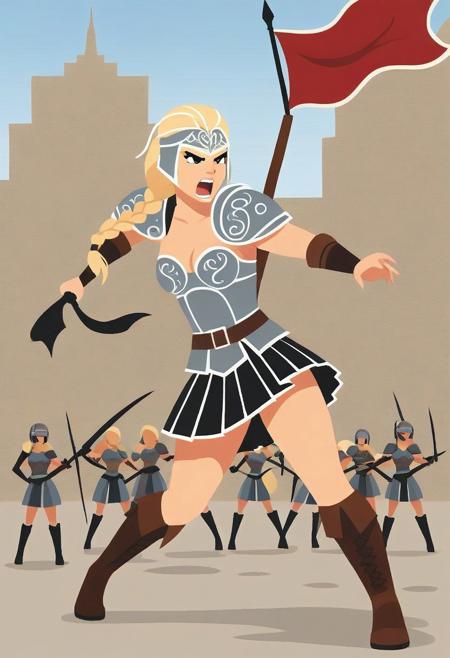 masterpiece, best quality, amazing quality, intricate details, vector, fantasy, Viking, princess, Valkyrie, wings, armor, tiara, weapon, sword, action pose, fighting stance, battlefield, combat, shoulder armor, medium breasts, blonde hair, braid over shoulder, winged helmet, skirt, armored skirt, boots, thighs, cleavage, open mouth, yelling, battlecry, banner, leading an army, multiple others,