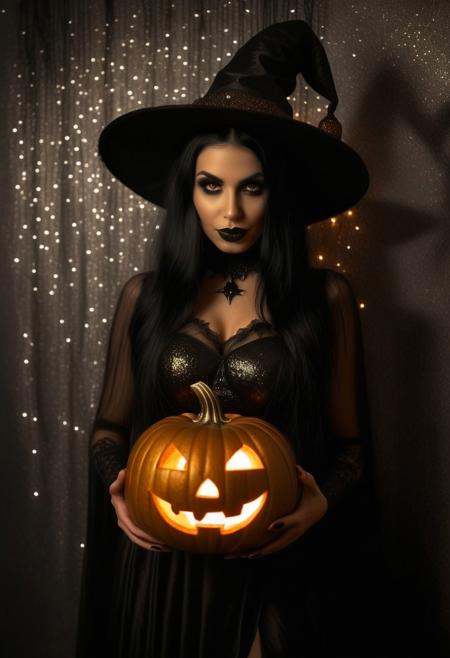 in a dimly lit, a gorgeous witch with black hair on Halloween, holding a pumpkin, the pumpkin has glowing eyes and mouth, in bronze-monochrome glitter, background: dark creppy goth room, ciarobscuro, best dramatic shadows, dark shot, 12k resolution, finely detailed expresive eyes and detailed face,