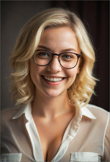 photo of a 25 year old cute woman, blonde hair, glasses, looking at viewer,  smiling, large breasts, tight shirt underwire:, sheer, cinematic composition, cinematic lighting <lora:detailed_hands:1>,  <lora:RMSDXL_Enhance:1>