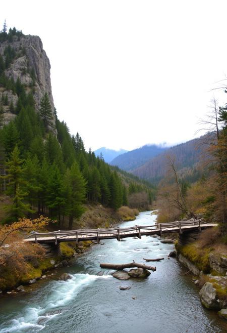The image depicts a serene, natural landscape dominated by a dramatic rock formation on the left, its rugged face partially covered by a sparse growth of pine trees. The trees extend down the slope, gradually becoming denser and exhibiting a mix of green and subtle autumnal hues as they recede into the valley. A rustic wooden bridge spans a clear, fast-flowing river that winds its way through the foreground, its surface reflecting the overcast sky. The bridge appears well-worn, with stone supports grounding it to the riverbanks. Beyond the river, the valley stretches into the distance, with layers of tree-covered mountains fading into a misty horizon under a soft, diffused light from the cloud-laden sky. The overall atmosphere is tranquil and remote, suggesting an untouched wilderness.