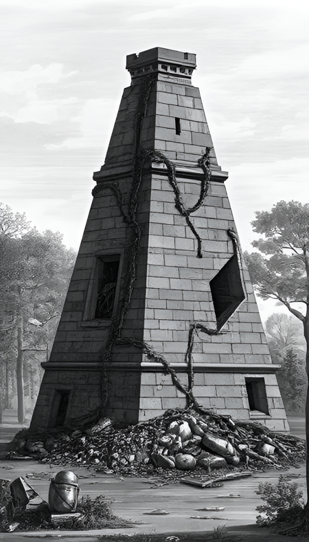 A leaning black triangular tower sinking into a swamp, with vines growing on it. Parts of its walls are broken and there is rubble scattered everywhere. Flat top. Trees in the foreground and background.