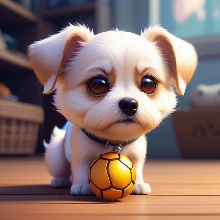 disney style artwork, a very cute dog, playing with a single ball, highly detailed eyes, highly detailed hair, unreal engine, cozy indoor lighting, artstation, detailed, digital painting,cinematic,character design by mark ryden and pixar and hayao miyazaki, unreal 5, daz, hyperrealistic, octane render,
art by SEL-FOC,