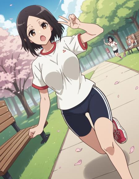 satomi tachibana, short hair, black hair, brown eyes, large breasts, shirt, white shirt, short sleeves, shoes, shorts, bike shorts, t-shirt, sneakers, gym uniform, skirt, shirt, jacket, formal, suit, office lady, skirt suit,