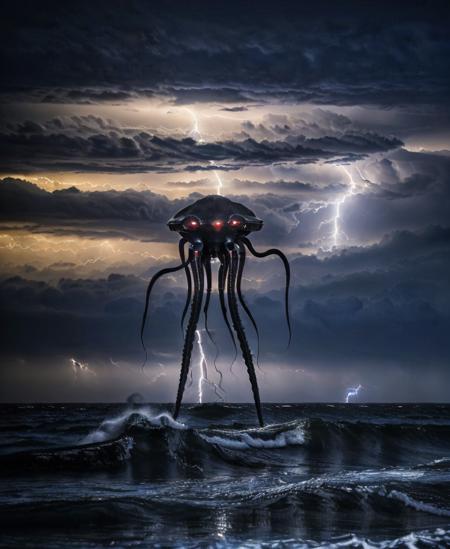 masterpiece, best quality,
<lora:EdobTheWarOfTheWorldsTripod_v1.0:0.55>, giant alien EdobTWOTWTripod creature with claws, (three legs), (metal tentacles), (view from bottom), wallofcloud, smoke and fog <lora:foggy:0.75>,  lightning, 1870, in the sea, waves, spray, (Realisitc:1.5), horror theme