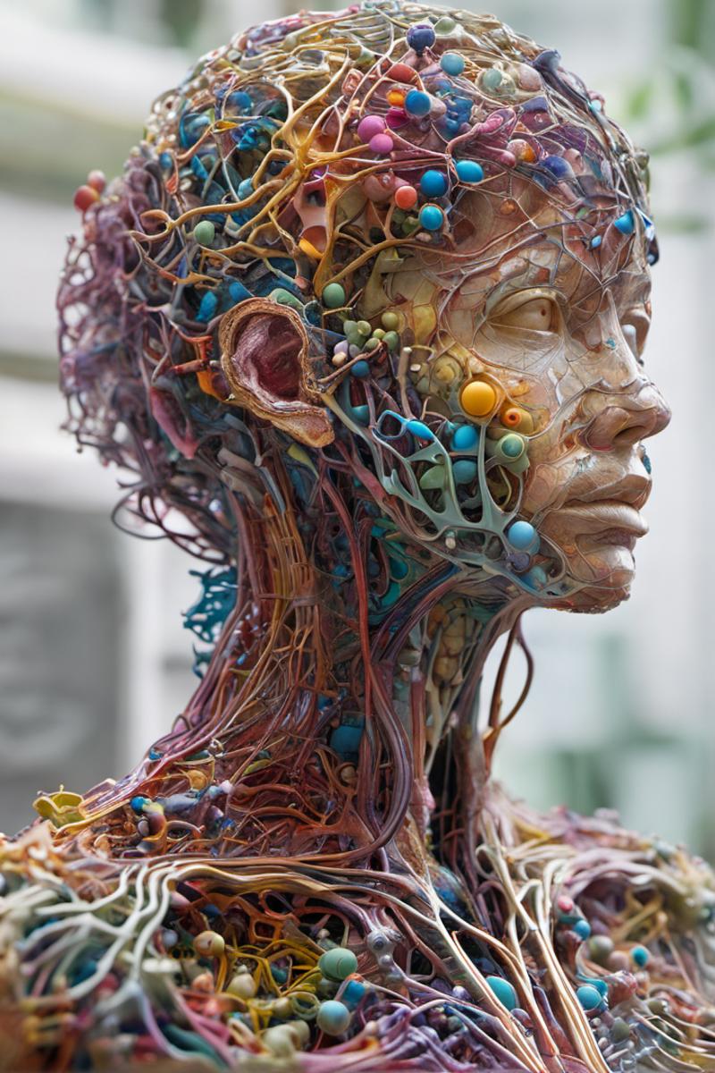 A statue of a person with a wire frame body and a face made of various beads and colored balls.