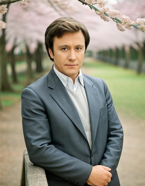 A man wearing a suit and tie posing in front of trees.