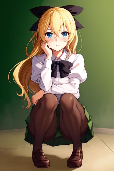 masterpiece, highest quality, best quality, 1girl, solo, looking at viewer, squatting, spread legs,
satou lilly, blind, blue eyes, black bow, blush, hair between eyes, hair blowing, katawa shoujo, long hair, pantyhose, school uniform, skirt, blonde hair, green skirt,   <lora:my_SatouLilly_v1:0.6>
sad,