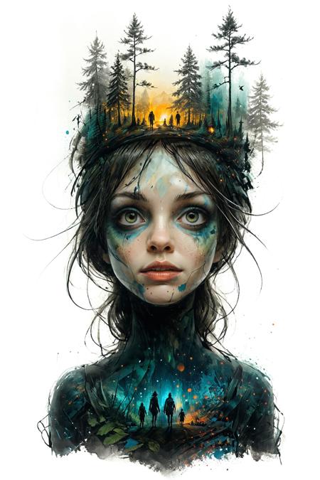 mysterious silhouette royal forest woman, by Minjae Lee, Carne Griffiths, Emily Kell, Steve McCurry, Geoffroy Thoorens, Aaron Horkey, Jordan Grimmer, Greg Rutkowski, amazing depth, double exposure, surreal, geometric patterns, intricately detailed, bokeh,  perfect balanced, deep fine borders, artistic photorealism , smooth,  great masterwork by head of prompt engineering   <lora:add-detail-xl:2>  <lora:Double_Exposure:0.5> <lora:xl_shuimo:0.8> ink wash painting <lora:Cute_Drawing:0.6>  <lora:hyperkraximalism_v1-1:0.3>