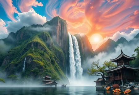there is a tall waterfall, majestic water fall, the water fall is coming out of a mountain, Chinese mountains, there is moss growing on the mountains, small bonsai trees on the mountain, water mist, sun in the sky, sun behind clouds, water basin at base of cliff, small hut at base of cliff, small hut next to water fall, fishing rack, fishing polls, basket, fishing spot on shore, coy fish, white orange and gold coy fish, coy fish jumping out of water, shore, clouds, swirling, vivid colours, blue, orange, pink, sky, ancient, overgrown, landscapes, intricate details, background colourful, cloud streams, dynamic, vibrant colours, high quality, detailed, realistic, beautiful, extreme detail, hyper realistic, dynamic light, expressive, digital media (artwork), hi res, masterpiece, RAW, photo, 8k, very sharp, very detailed, realistic, real, cinematic view, shaded, detailed shading, shading,