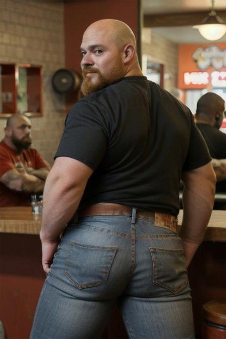 photo of a bearded bald  man, red  thsirt,  tight  jeans, in a biker bar, stocky, left from back side, chubby,  muscled butts, in public toilet, looking to viewer, looking at the camera, above the knee,  smile