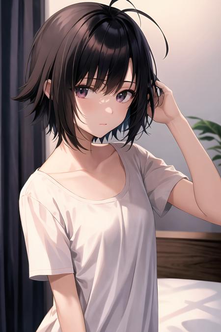 absurdres, kikuchi makoto, 1girl, solo, short hair, black hair, antenna hair,