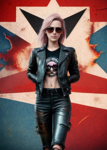 realistic art of an anarchist  girl 25 years old t-posing for the camera in a full length,anarchy sign tattoo, detailed cute face,[ red | ash blonde | ash blonde| pink hair], work on artstation, aviator glasses, flared leather jacket, 8k,high res, (explosion in the background:1.3)