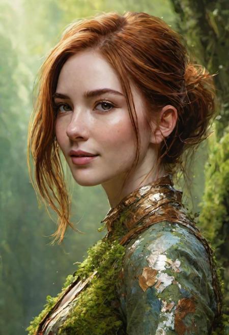 karen gillan, sparkling elegant medium haired abstract beauty, centered, looking at the camera, profile side, approaching perfection, dynamic, highly detailed, digital painting, artstation, concept art, smooth, sharp focus, illustration, art by Carne Griffiths and Wadim Kashin, bronze and moss colors, busty, smile, moss background