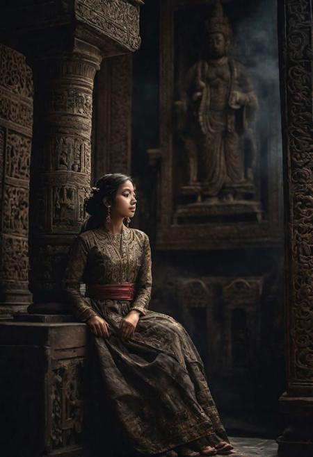 award wining masterpiece photograph converying a sense of nostalgia, full shot of a girl, in a dark smoky antique temple, detailed face, intricately detailed, dim light, exquisite backlighting, refined editorial photography, dramatic LUT