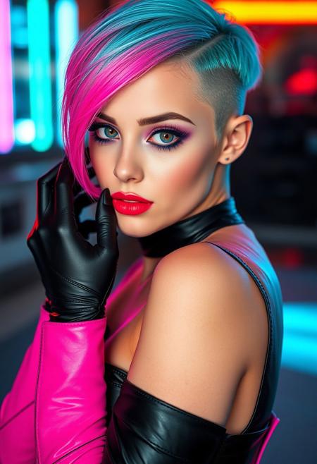 a gorgeous 25 years old caucasian woman, pale skin, cyan short hair in asymmetrical cut with shaved right side and pink longer bang on the left side, long blue eyelashes, blue mascara, purple eyeliner define her big beautiful grey eyes, green eyeshadow, luscious sensual red glossy lips, rouge, sexy curves, sexy feminine black leather outfit in neon pink and cyan colors, black leather gloves in neon pink and cyan colors, black leather high boots in neon pink and cyan colors, looking at viewer dominantly