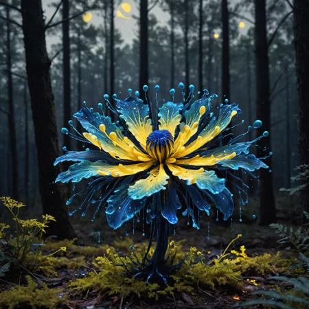 Ink illustration, bioluminescent flower, fabulous night forest, magical radiance, Concept art, depth of field, realistic, cinematic lighting, soft shadows, asymmetrical fractal, colorful, vivid yellow and navy colors, volumetric lighting, wind, particles floating on the breeze, petals falling, ink stains, ink splatters, ink runs, ink spots, faded ink linquivera
