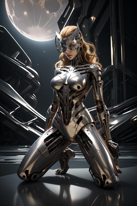 (masterpiece, best quality, official art, beautiful and aesthetic),(wide angle shot),from below,full body,solo,female catwoman kneels in metllic church,breasts,dark skin,thin waist,battle damaged metallic skeleton,gloves,hands,dented,rusty,worn texture,(asymmetrical balance),half mechaiecal body,silver metal,science fiction,blonde hair,long hair,breasts,mechanical parts,cyborg,grey eyes,(half metallic left_face),half metallic mask,realistic,rich details,icy gloss,medium breasts,(moon),planet,(cyberpunk city in zaha hadid style,city lives on moon surface,futuristic space station),<lora:catwoman2-000006_0.7+halfmetal-000007_0.6:0.7>,<lora:La Sagrada Família zaha:0.4>,