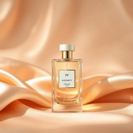 Elegant and modern perfume ad with a silk texture background,PFproduct