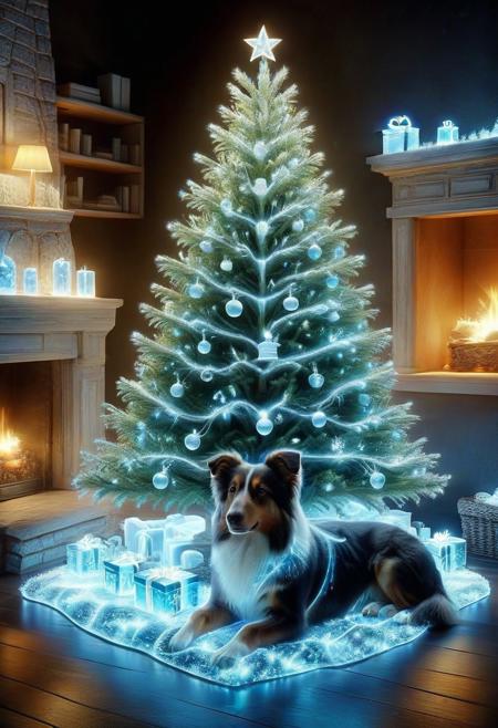 very realistic photography, a beautiful Christmas tree with gifts and a Christmas crib at the foot of the tree. Collie dog lying near the tree, (hyper detailed:1.5) (very detailed:1.5), (photo:1.5,) (photorealism:1.5), (realistic:1.5), bright light from toys, close-up, (mj:1.5), (cinematic:1.5), winter forest landscape, no text, (best quality:1.5), (high quality photography:1.5), HD, 8K, 4K,
