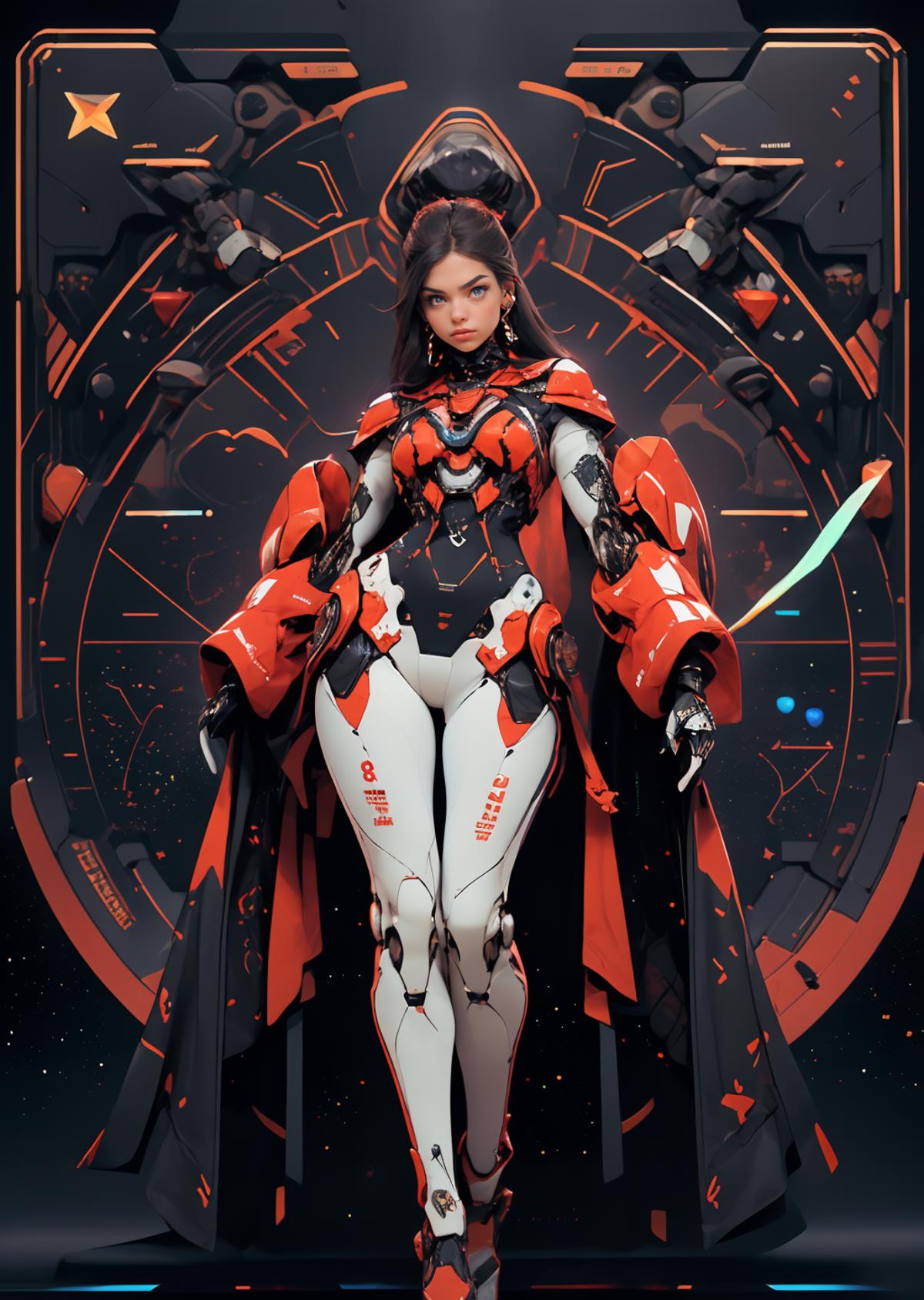 Futuristic Anime Character with a Red and White Outfit and Robotic Elements.