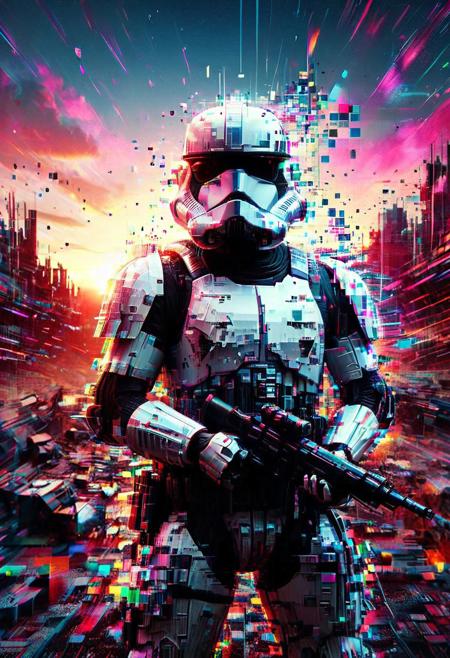 Glitch, a highly detailed Stormtrooper with armor breaking into colorful pixels and a helmet with a distorted visor, standing in a desolate cyberpunk landscape under a flickering sky filled with neon lights and digital distortions. The scene is chaotic yet mesmerizing, with vibrant colors and sharp contrasts. Award-winning masterpiece, high resolution, cinematic lighting.
