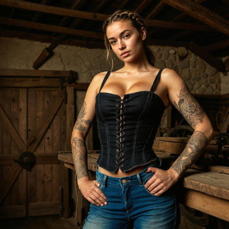 RAW full body analogue photo of a beautiful 20 years old woman, clear focus, 8K,__Random_Woman__,(background is a Rustic barn interior at dawn, dust particles dancing in golden light streaming through cracked window, worn wooden floorboards, vintage farming tools hanging on stone walls, woman in black lace corset and high-waisted jeans standing by antique plough, arms crossed, defiant expression, long French braid natural breasts, perky breasts, thicc, soft body,  gopro photo of an 20 yo woman, ((shoulder tattoos, sleeve tattoos)), blushing, shadow, hard light, dark background, vibrant tones, clean lines, minimalistic, artistic, abstract forms, modern design, dynamic angles, textured surfaces, contrasting hues, 50mm lens, f/8, eye-catching patterns, striking, crisp edges, imaginative ,low light, soft natural light, Rembrandt style light, Hasselblad DLSR camera, 200mm Zeiss lens, f/2.8, ,Sexy pose, erotic pose, exhibitionism ,Country inn