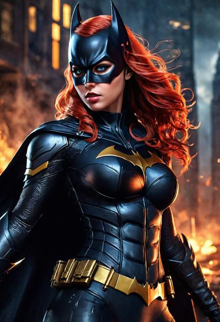 High resolution ultra-realistic of beautiful realistic  Batgirl is fighting a battle, cinematic style, standing on a bloody and stormy battlefield in a fighting pose, bloody massacre, realistic modern combat costume, black mask, red cape, perfect athletic figure, wavy red hair, handsome dirty bloody face, beautiful perfect detailed pupils, wet oily shiny skin, covered in dirt and blood, beautiful firm Breasts, defiant and seductive, sexy 20 year old girl, 8k resolution concept art portrait by Greg Rutkowski, Dark Gotham City, realistic blue eyes, full body, Artgerm, WLOP, Alphonse Mucha, dynamic lighting, hyperdetailed, intricately detailed, Splash art trending on Artstation triadic colors, Unreal Engine, 5 volumetric lighting, Cinematic Lighting, intricate, smooth, sharp focus digital painting, Asymmetrical Balance, painting, dynamic lighting