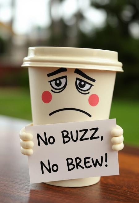 A coffee cup with a face, looking tired, holding a sign: “No BUZZ, No Brew!”