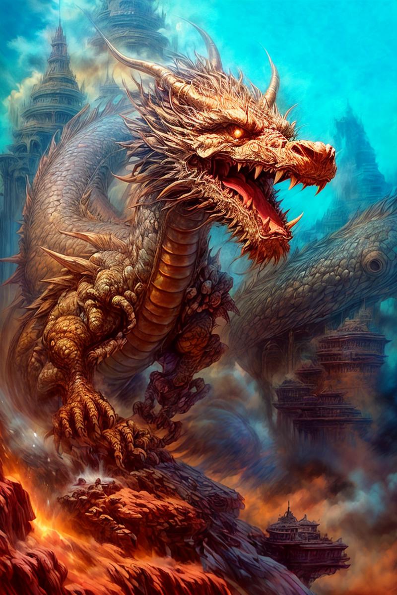 A fierce dragon with sharp teeth stands on its hind legs in front of a city.