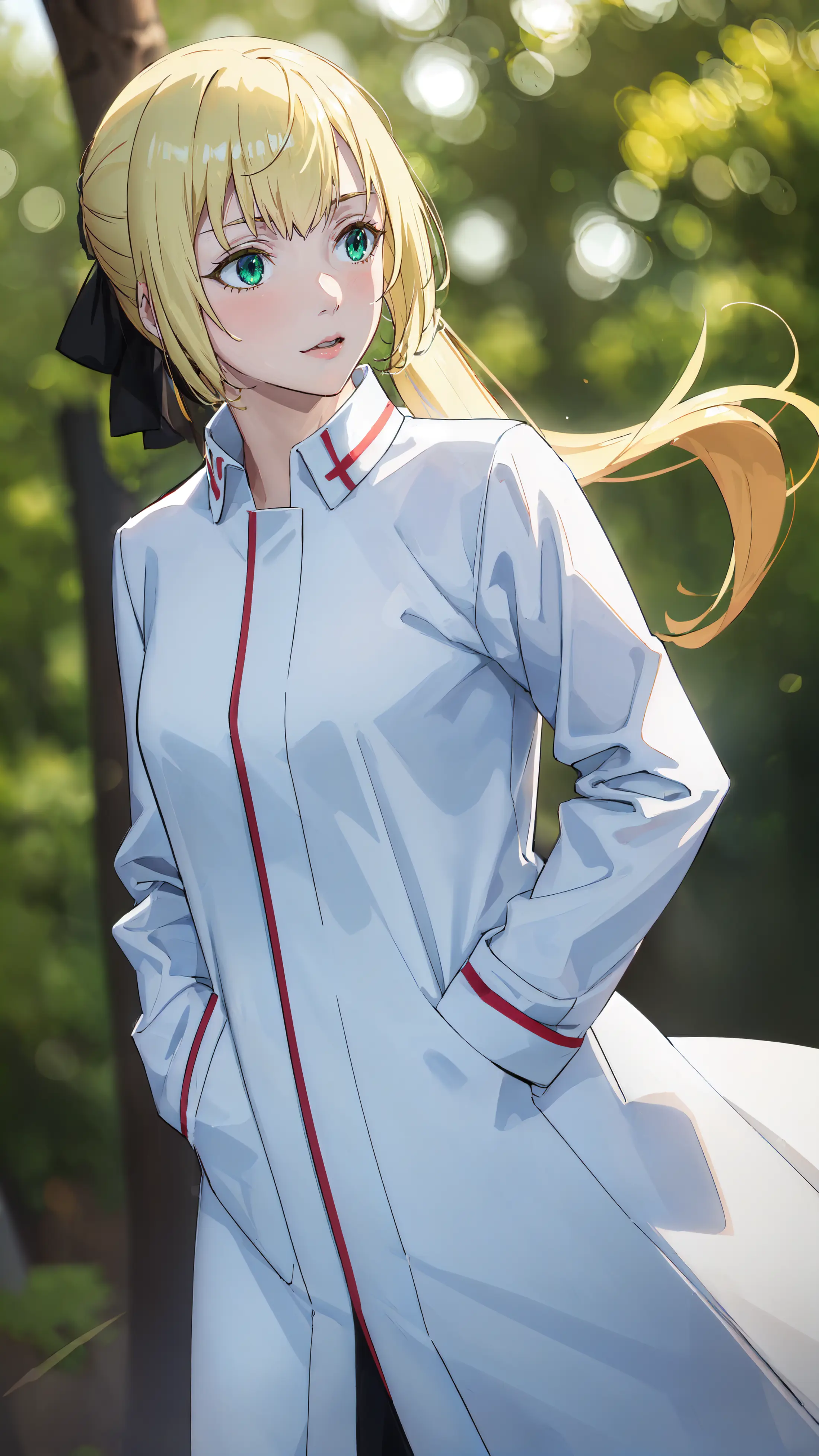 A young woman with blonde hair and green eyes dressed in a white coat with red stripes standing in a forest. The woman's gaze is directed off to the side, and her expression is one of contemplation or alertness. 