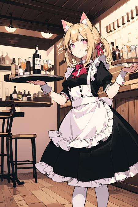 masterpiece, best quality, ultra-detailed, original characters, portrait of a young catgirl maid smiling with cute pink eyes, long blonde hair with cat ears and pink ribbon, pink and white maid outfit with lace and frills, short skirt showing white stockings and garters. Background is a tavern setting with wooden tables and chairs covered with red tablecloths and cushions, barrels and bottles of various drinks on the shelves and the floor, candlelight creating a warm glow on the walls and the ceiling, (holding a tray with drinks: 1.05), (cat tail swinging behind her: 1.1)