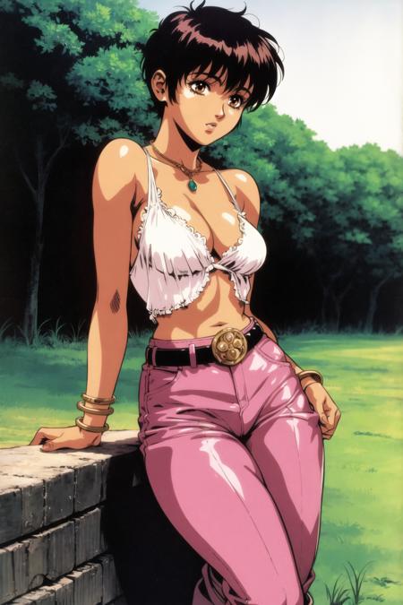 casca \(berserk\), 1girl, solo, short hair, cleavage, jewelry, medium breasts, brown eyes, boots, outdoors, shorts, night, belt, pants, bracelet, retro artstyle, 1990s \(style\)