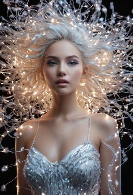 An extremely detailed full body image of a young Asian Caucasian woman wearing a white dress made of glowing optic fibre, with her long, milky white hair made of optic fibres exploding in the air and her illuminated blue eyes made of blue metallic pieces giving off a seductive, sexy, erotic expression, was featured on the cover of the National Geographic magazine, which won an award. Her skin is composed of optic fabric on a backdrop of dark, scary black. (The image should be detailed and lifelike, making it challenging to discern whether it's a real photograph or a digital creation. Focus on achieving realism in her facial features, skin texture, and hair, and ensure the lighting contributes to the overall authentic appearance)