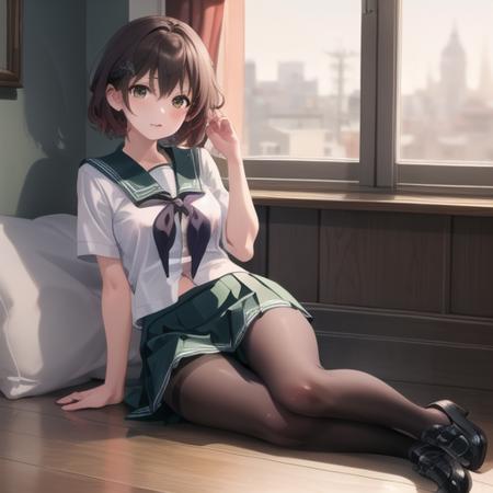 (masterpiece, best quality:1.2),illustration,8k,hd,1girl,solo,upper body,(portrait:1.2),white serafuku,uniform,black pantyhose,green sailor collar,green pleated skirt,shoes,short brown hair,<lora:Mutsuki(kan):0.8>,