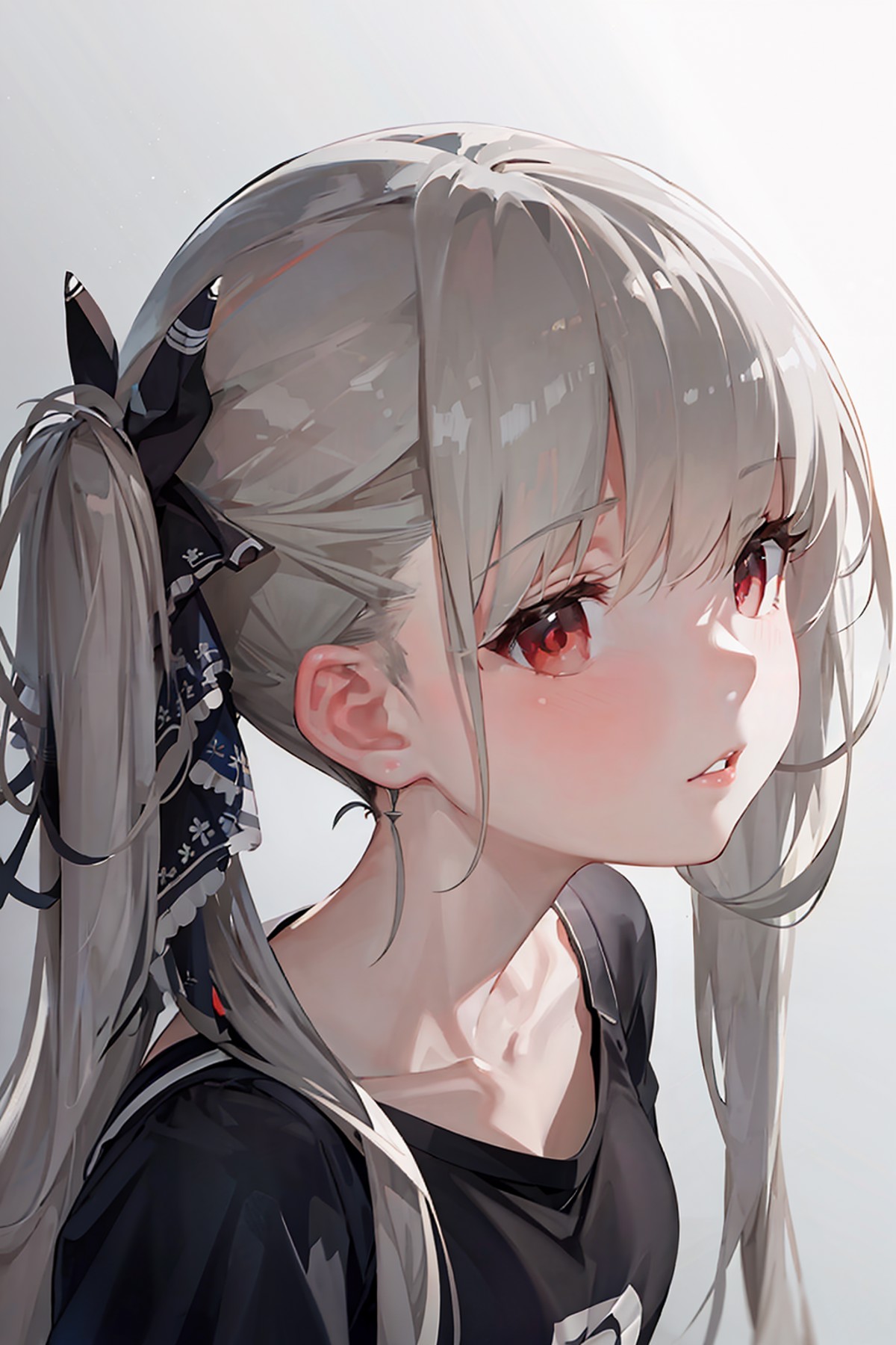 <lora:formidable_AzurLane_v2:1.0>, formidable_default, solo, 1girl, portrait, looking up, parted lips, (t-shirt), simple b...